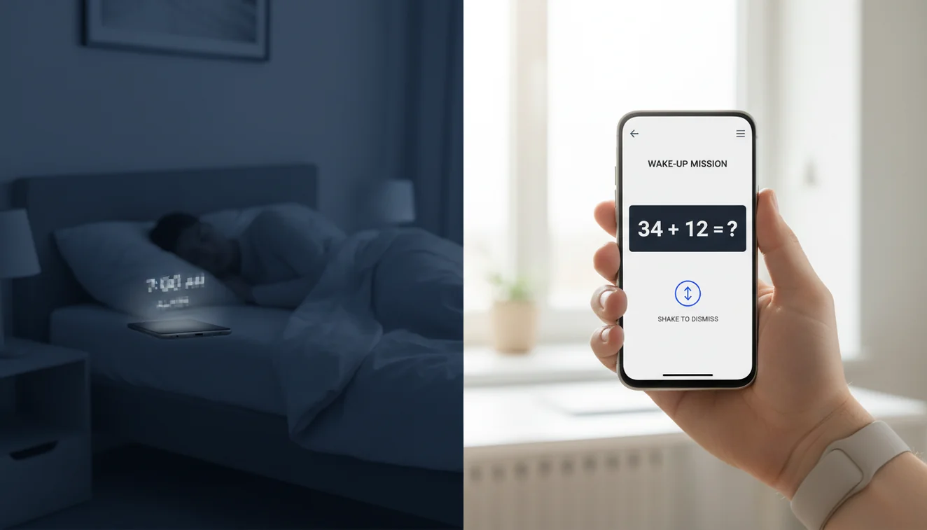 Anti-snooze alarm clock app with mission-based dismissal
